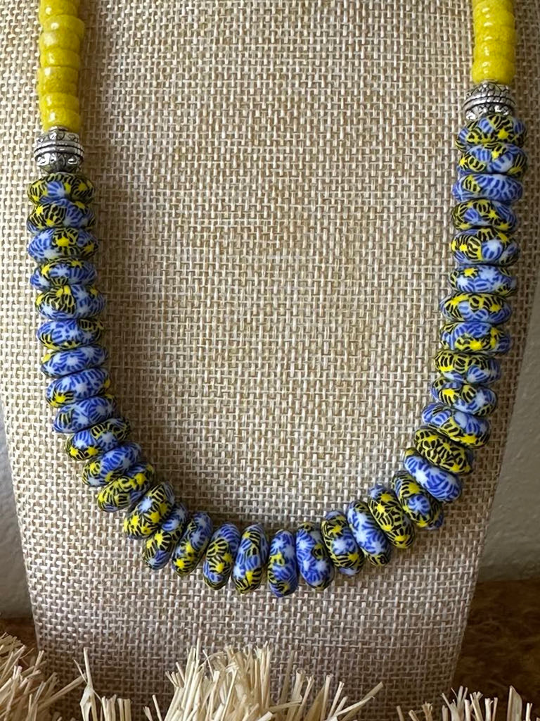 Blue & Yellow African Rondelle Necklace