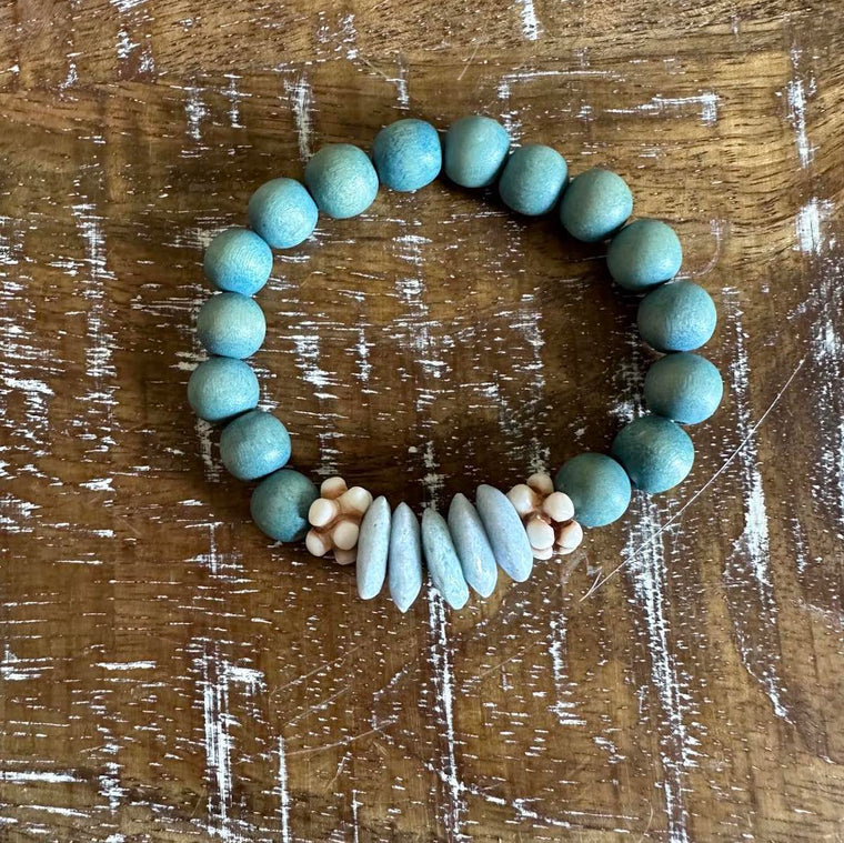 Blue Wood, Bone and Ashanti Bead Stretch Bracelet