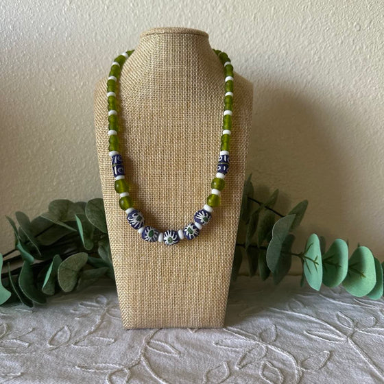 Blue & Green Flowers African Glass Necklace
