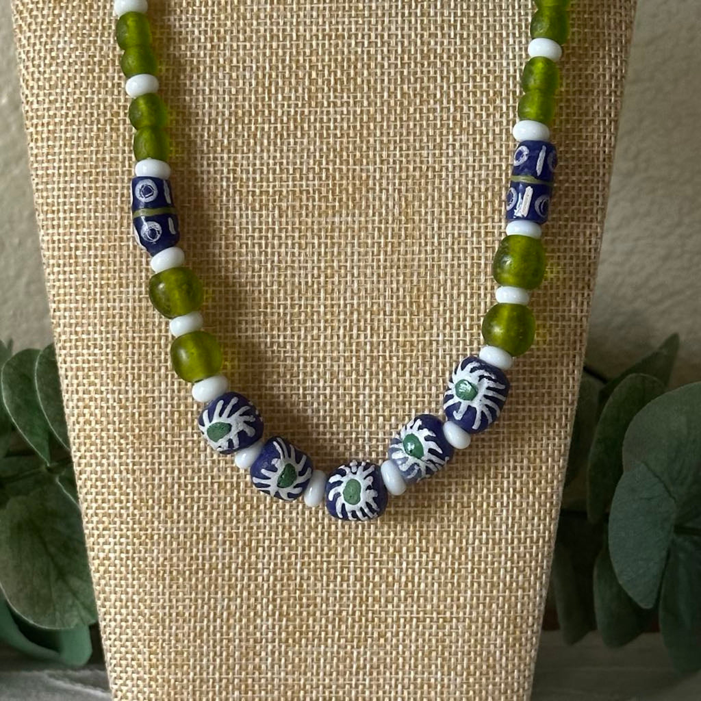 Blue & Green Flowers African Glass Necklace