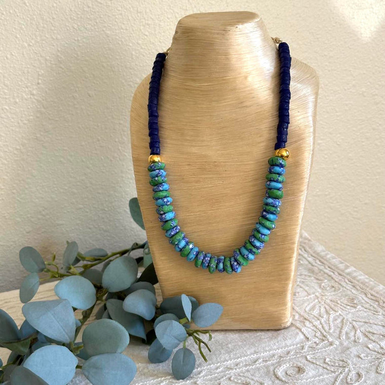 Blue & Green African Rondelle Necklace