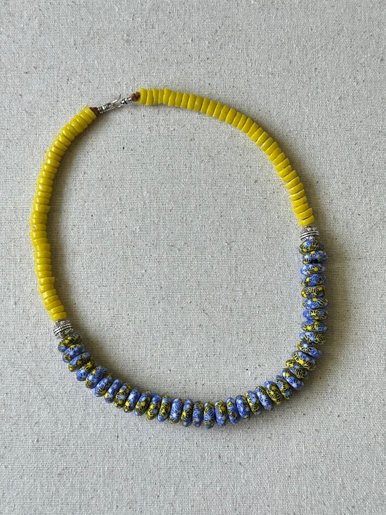 Blue & Yellow African Rondelle Necklace