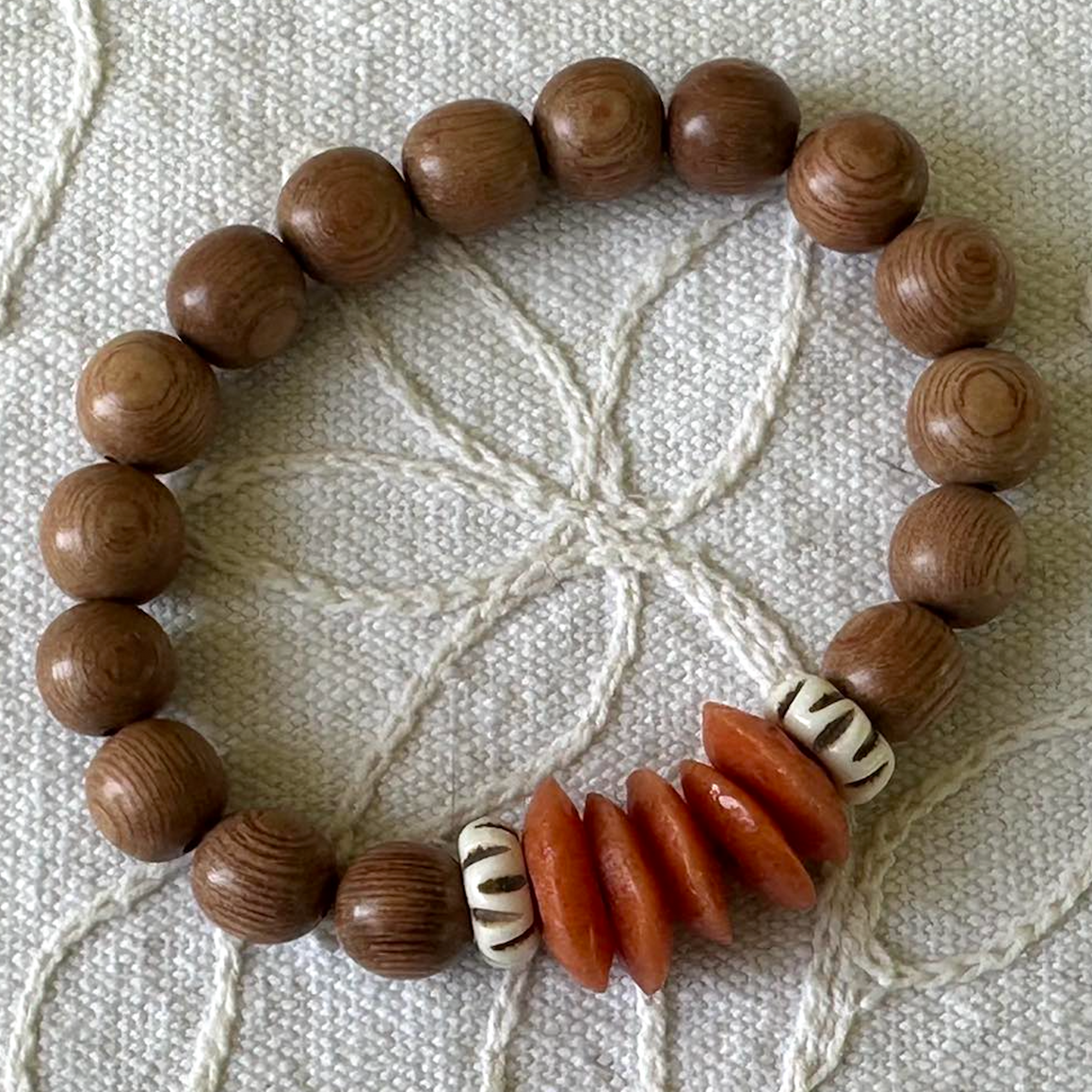 Wood and Ashanti Glass Beaded Stretch Bracelet