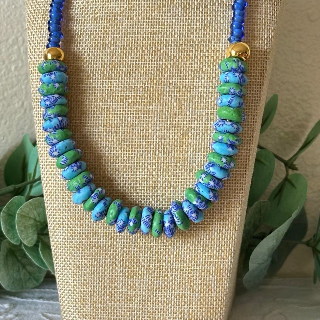 Blue African Rondelle Necklace