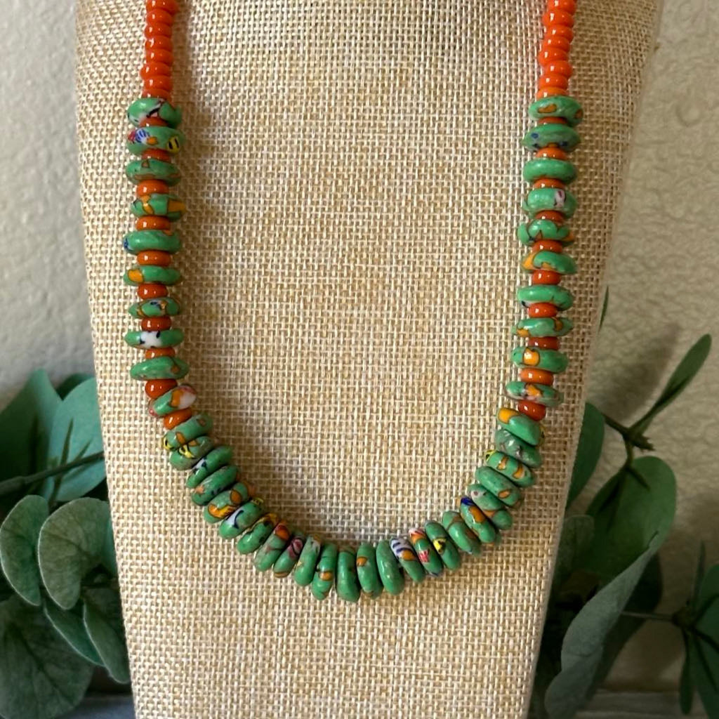 Green & Orange African Rondelle Necklce