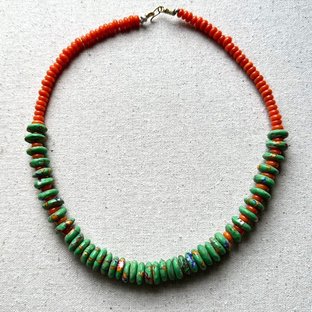 Green & Orange African Rondelle Necklce