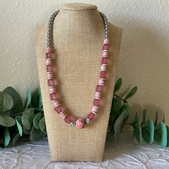 Tw0-Tone Pink & Silver Kazuri Necklace