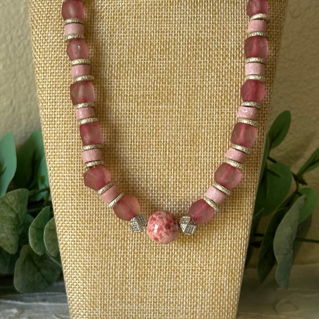 Tw0-Tone Pink & Silver Kazuri Necklace