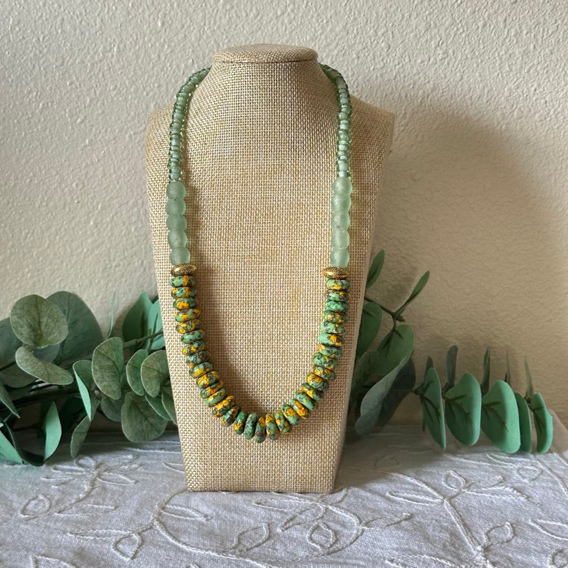 Light Green & Yellow African Rondelle Necklce