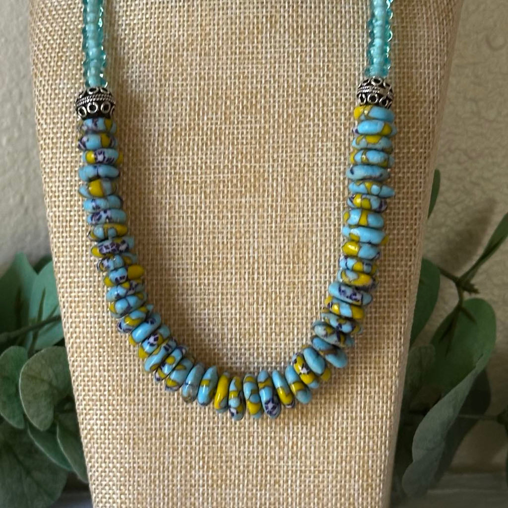 Light Blue & Yellow African Rondelle Necklace