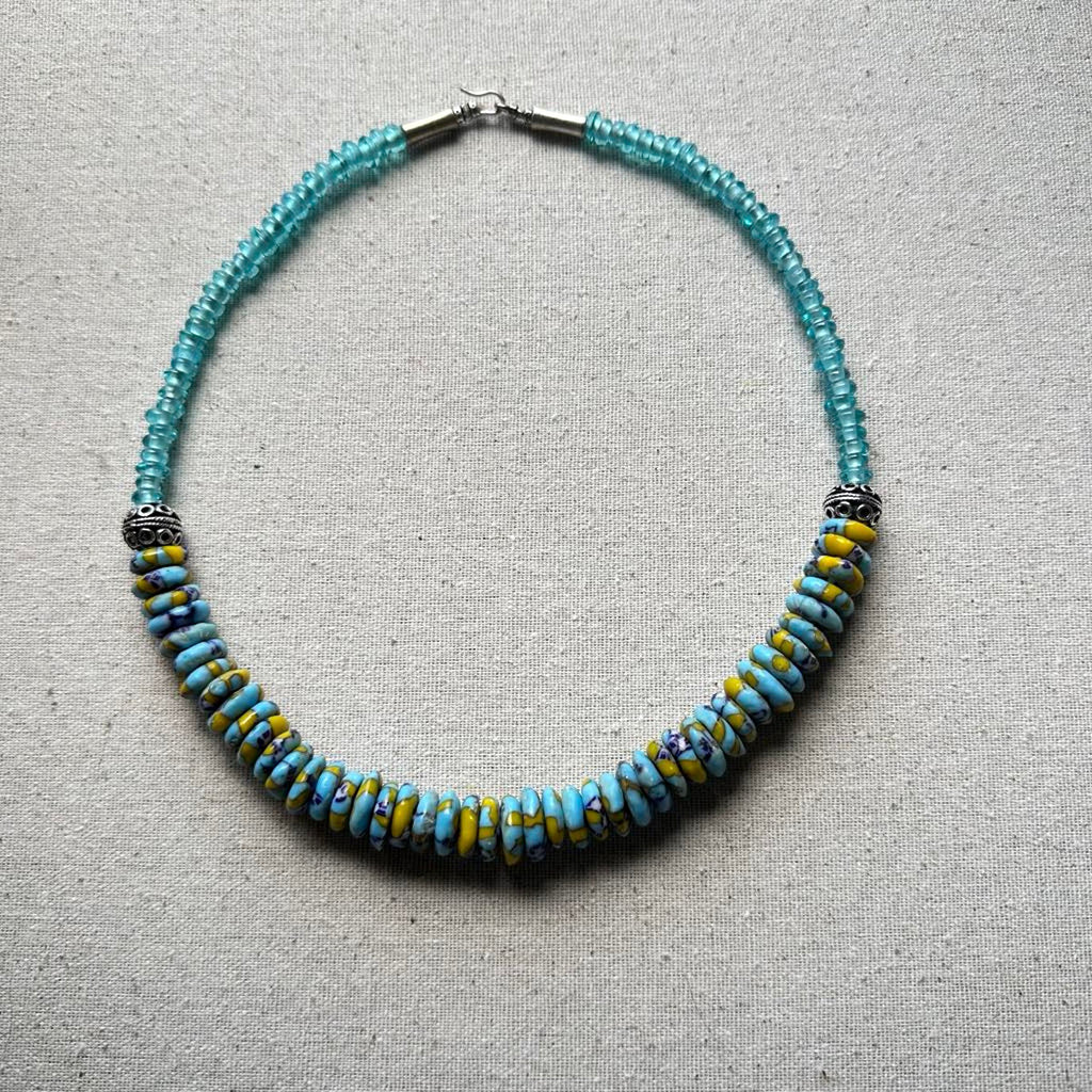 Light Blue & Yellow African Rondelle Necklace