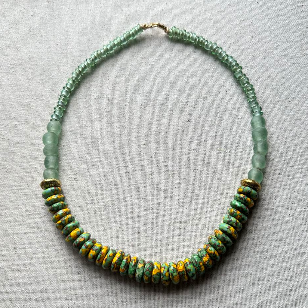 Light Green & Yellow African Rondelle Necklce