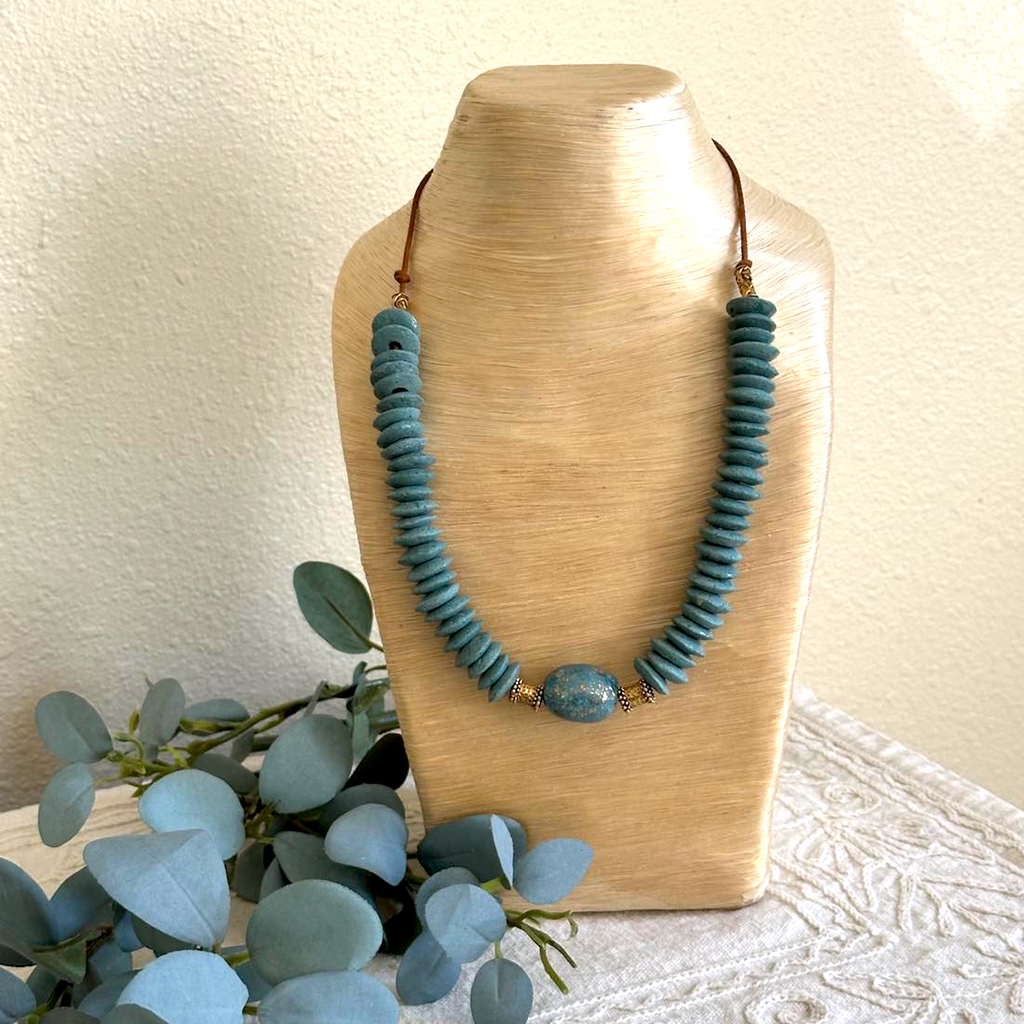 Teal & Gold Ashanti & Kazuri Neckkace