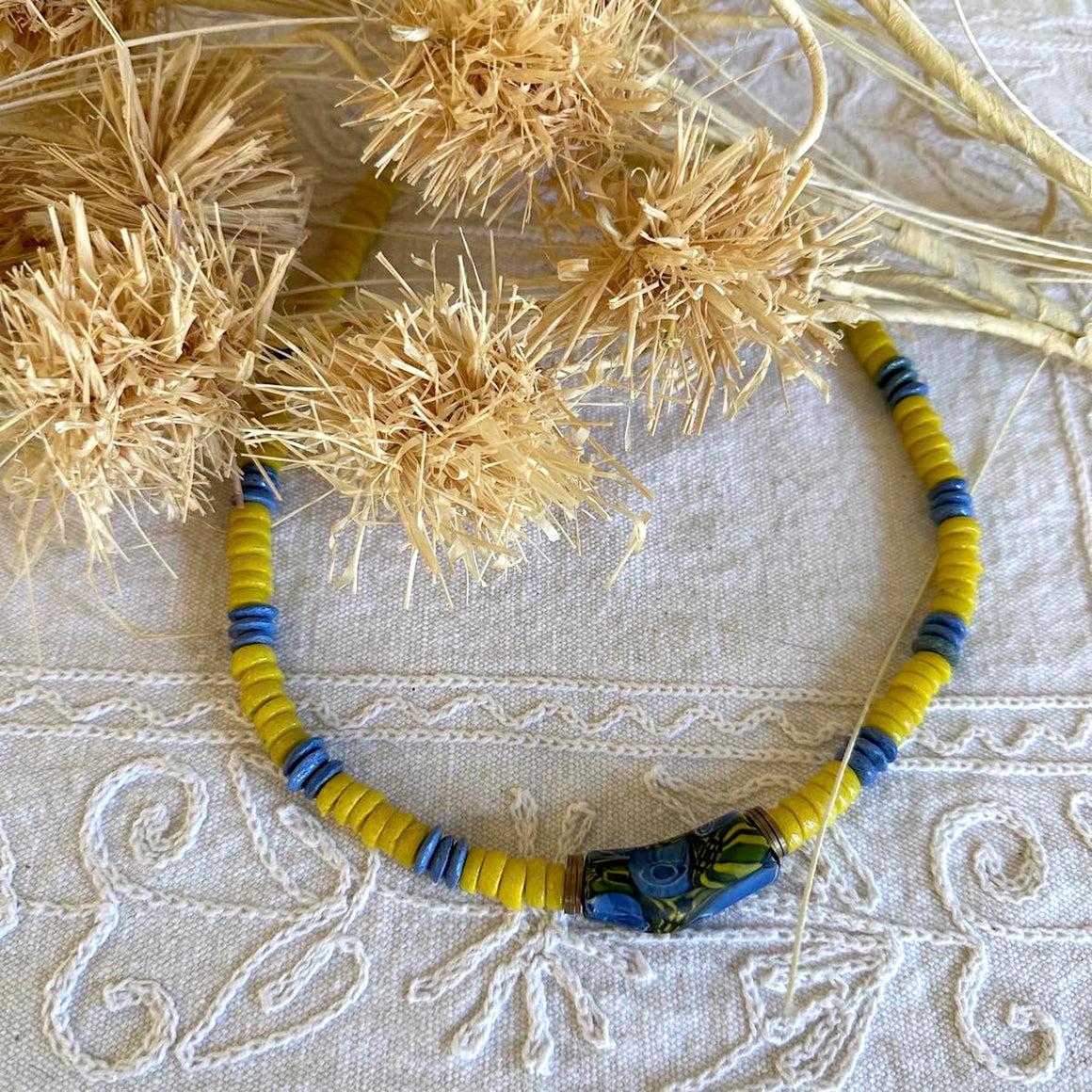 Yellow & Blue Sandast Beaded Necklace