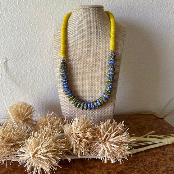 Blue & Yellow African Rondelle Necklace