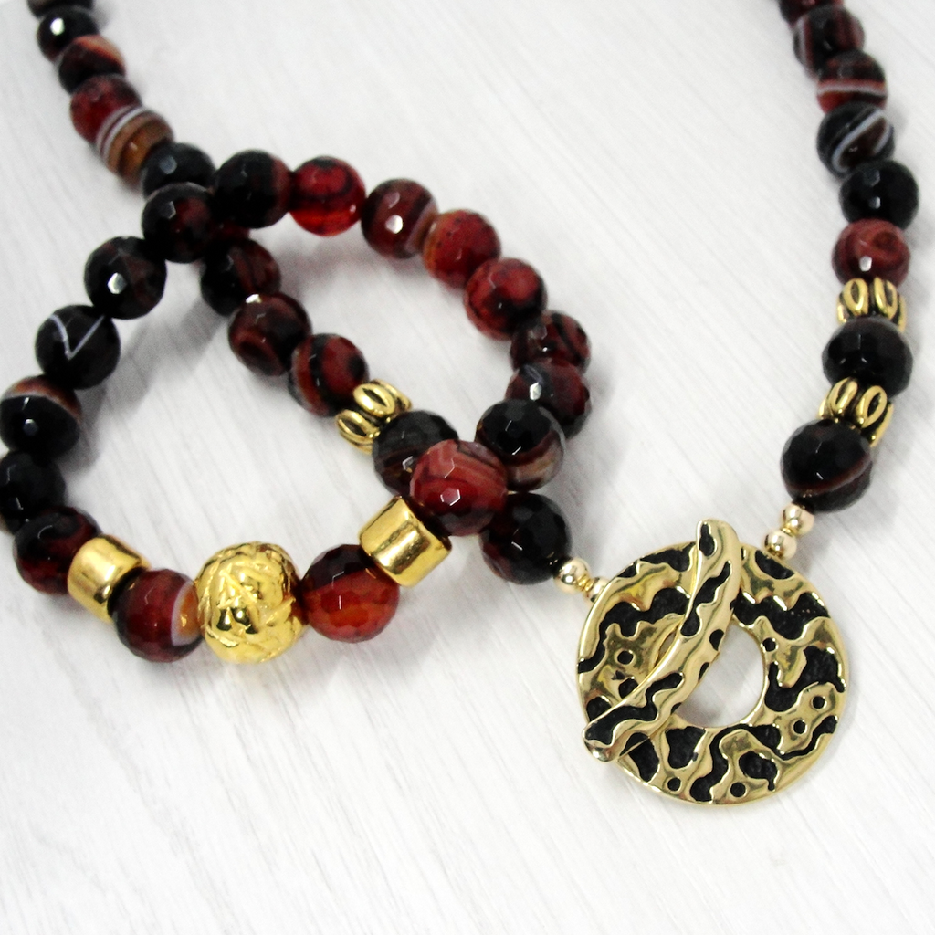 Black & Brown Agate Necklace and Matching  Bracelets
