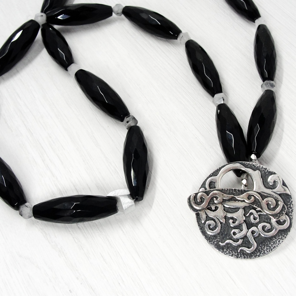 Black Onyx and Rutilated Quartz Necklace