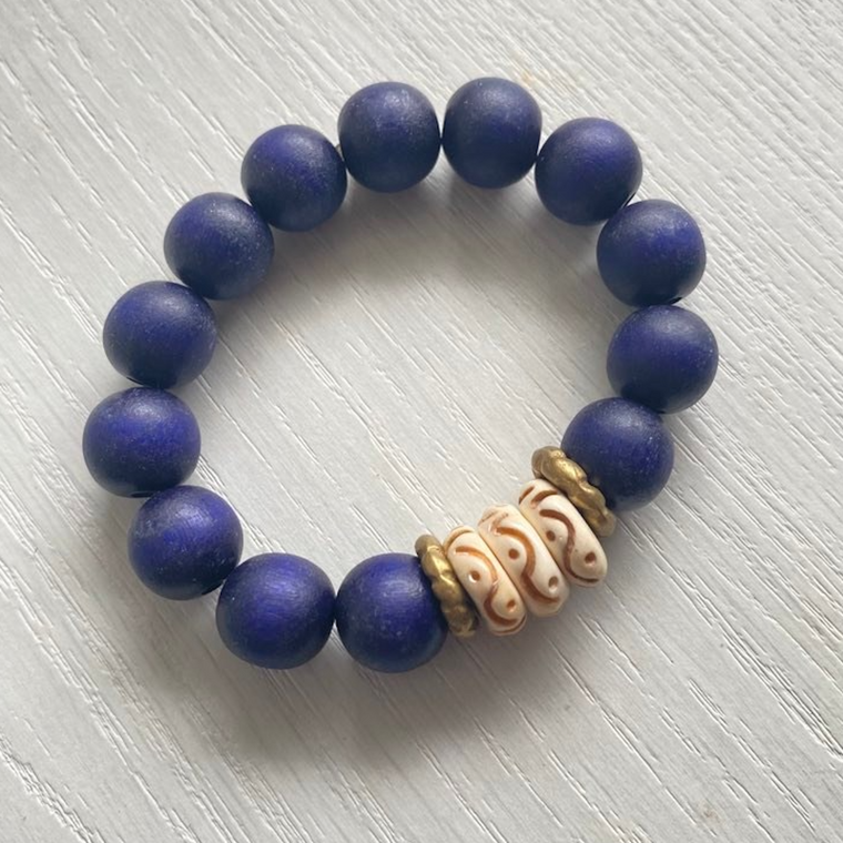 Blue Wood and Bone Beads Stretch Bracelet