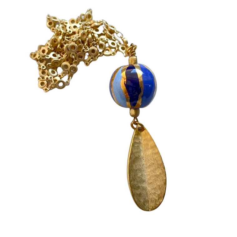 Blue & Gold Kazuri  Pendant Necklace