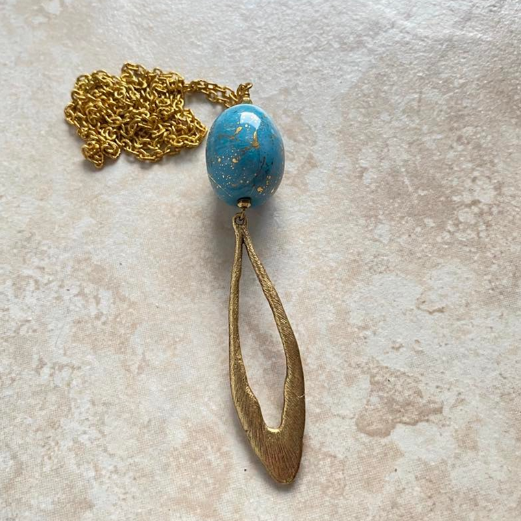 Blue & Gold Kazuri Pendant Necklace ~ was $32