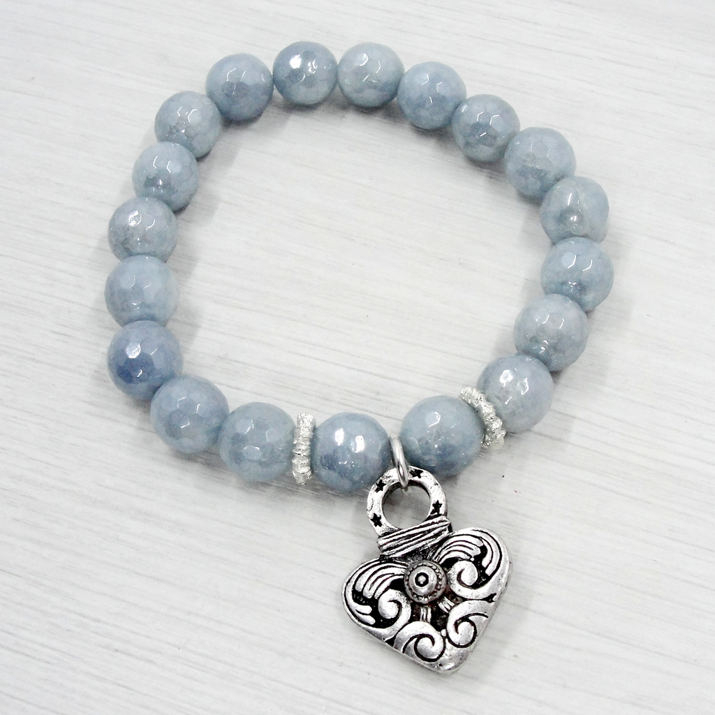 Baby Blue Jade & Silver Heart Charm Stretch Bracelet