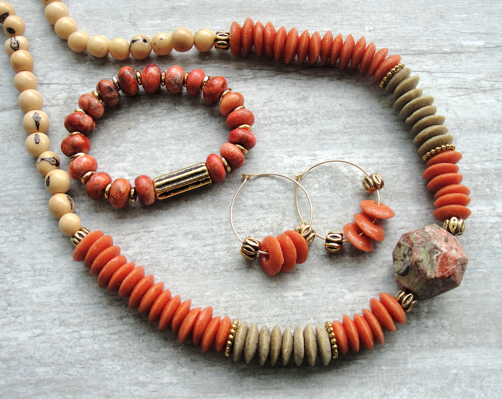 Burnt Orange & Tan Ashanti Glass & Gemstone Necklace