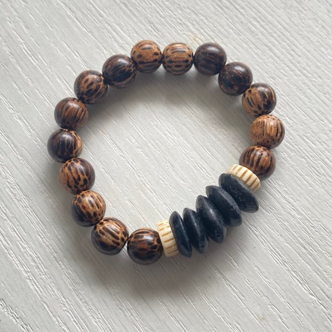 Dark Wood and Black Ashanti Beads Stretch Bracelet