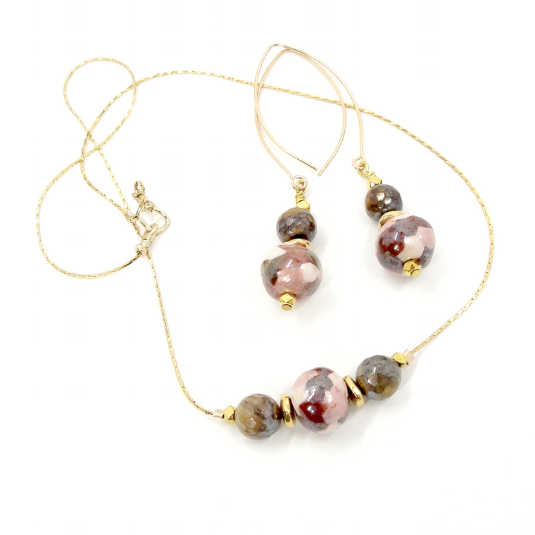 Golden Tiger Eye Rose & Gold Necklace & Earrings Set .