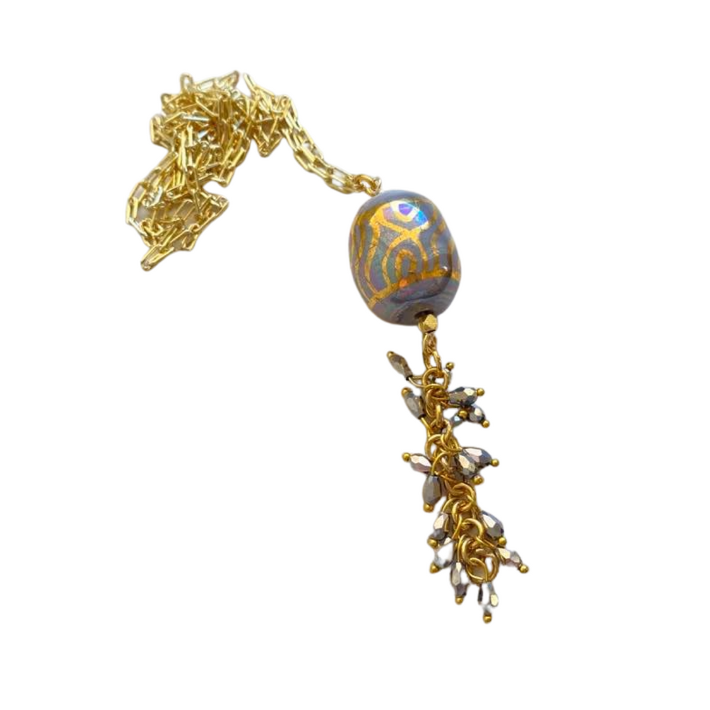 Gold & Gray Kazuri Pendant Necklace