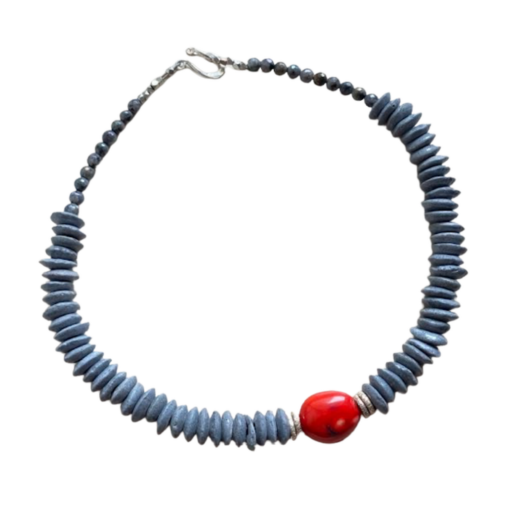 Gray Ashanti & Red Coral Necklace