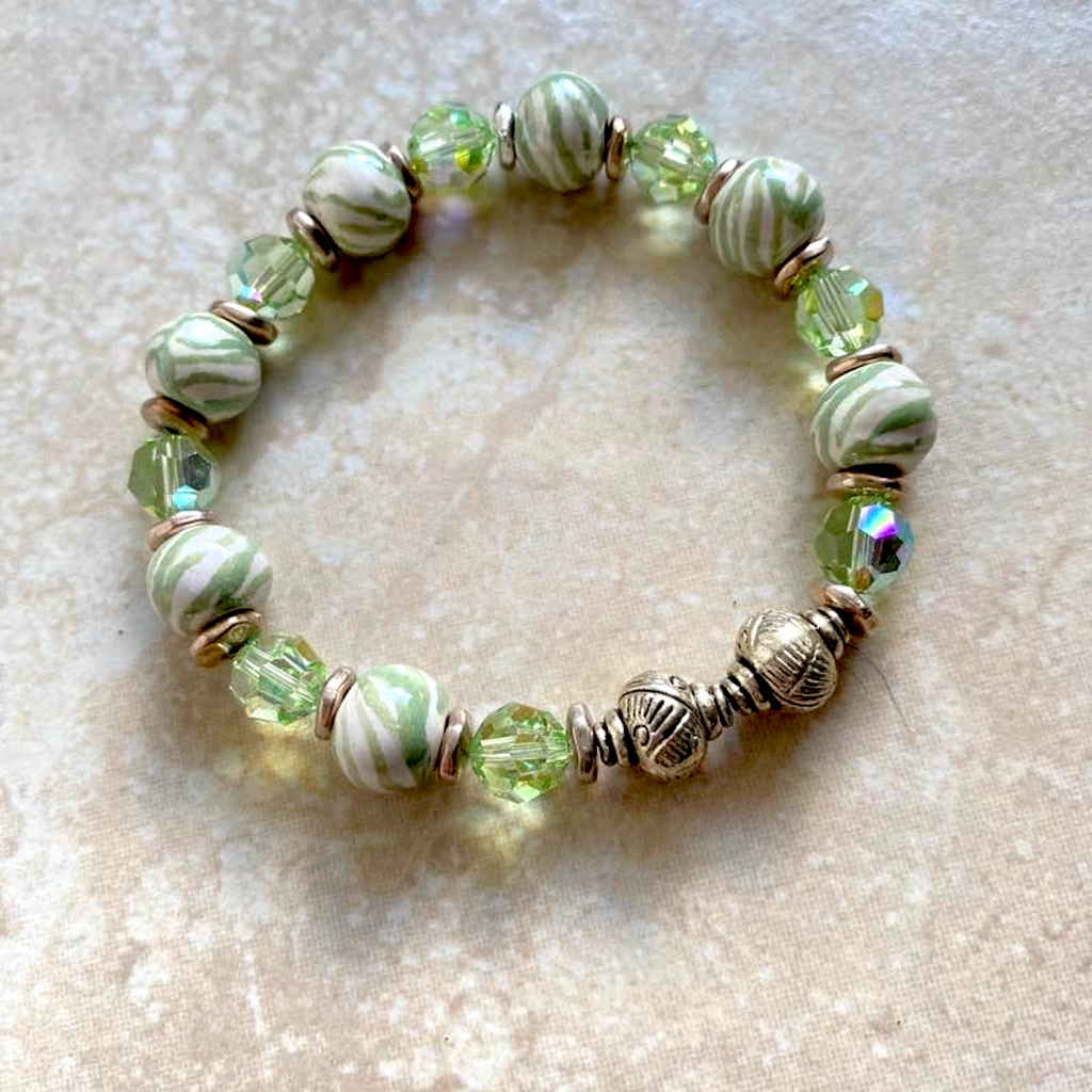 Green & White Kazuri with Crystal Stretch Bracelet ~ was $52
