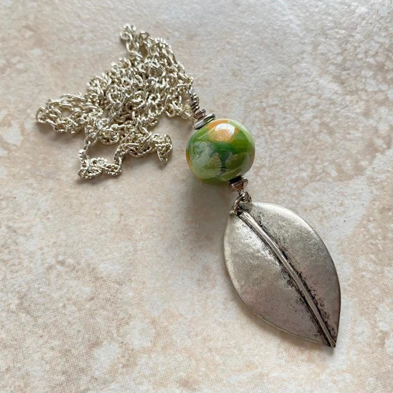 Kazuri Bead & Silver Leaf Pendant Necklace ~ was $28