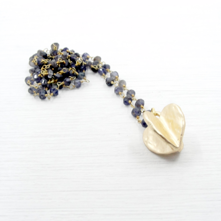 Iolite & Gold Heart Pendant Necklace