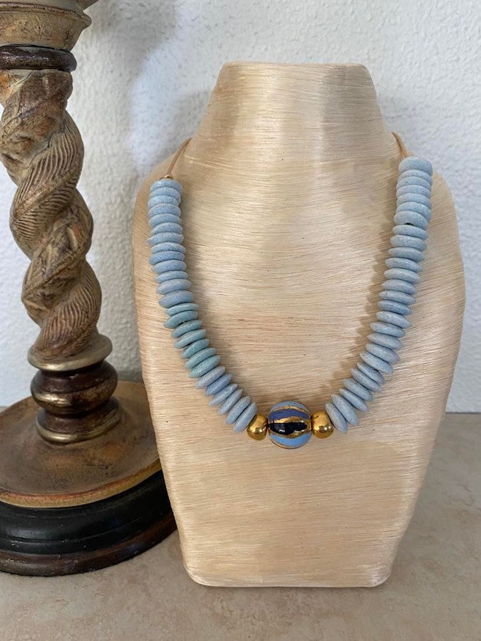 Light Blue & Gold Ashanti & Kazuri Necklace