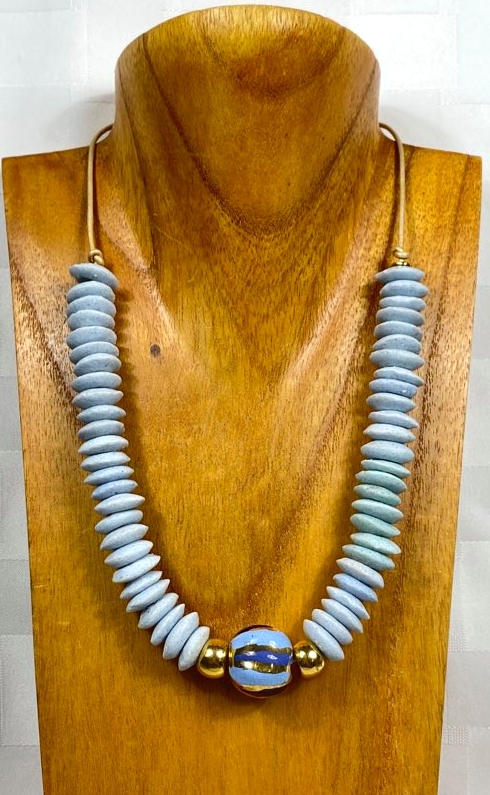Light Blue & Gold Ashanti & Kazuri Necklace