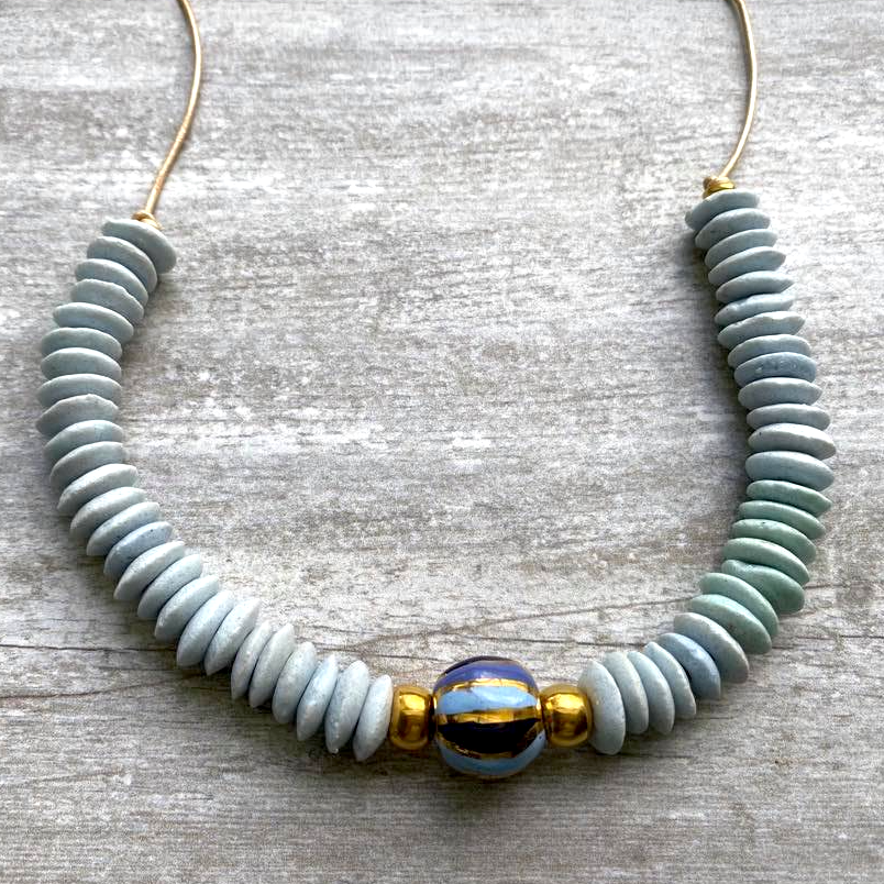Light Blue & Gold Ashanti & Kazuri Necklace
