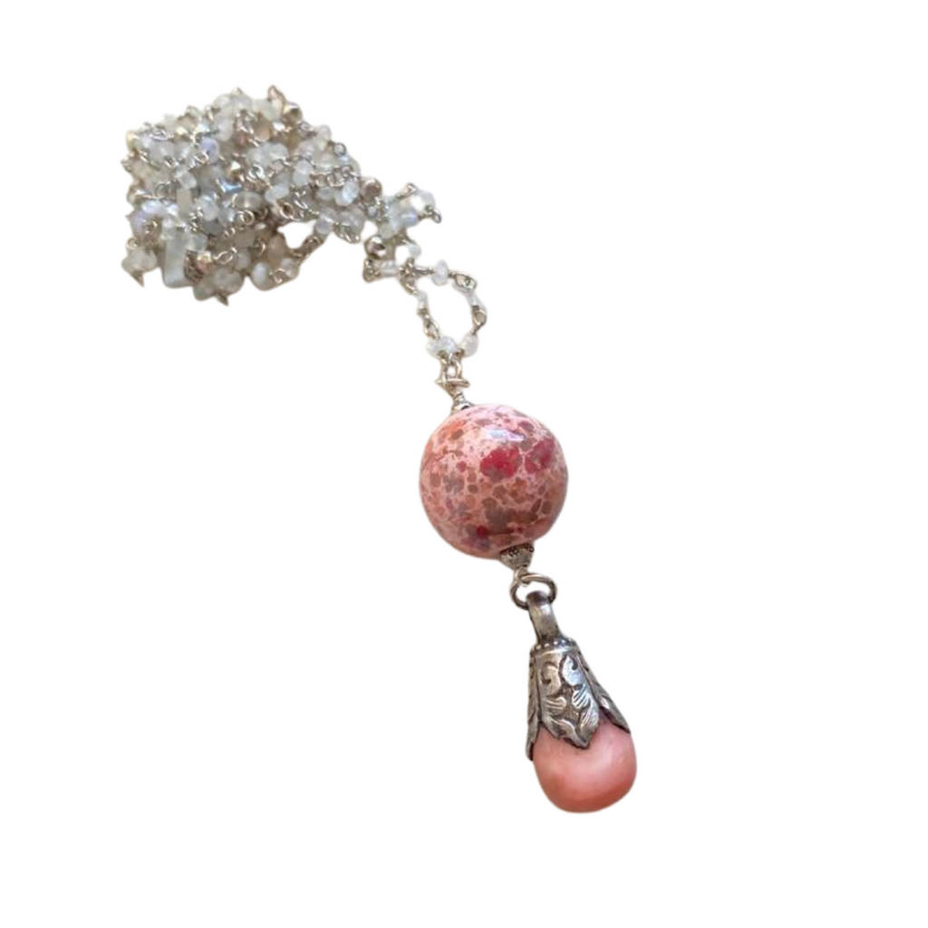 Moonstone  & Pink Kazuri Pendant Necklace