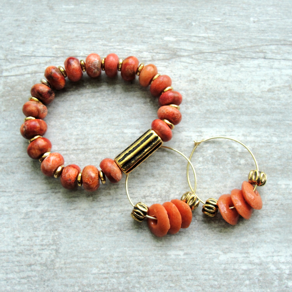 Burnt Orange & Tan Ashanti Glass & Gemstone Necklace