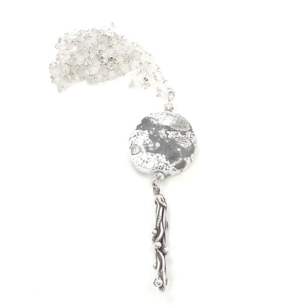 White & Sterling Silver Vine Pendant Necklace & Earrings Set