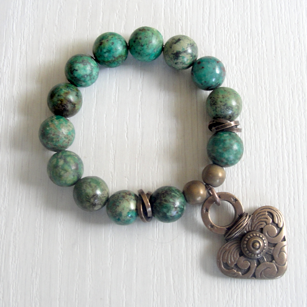 Turquoise and Bronze Heart Charm Stretch Bracelet