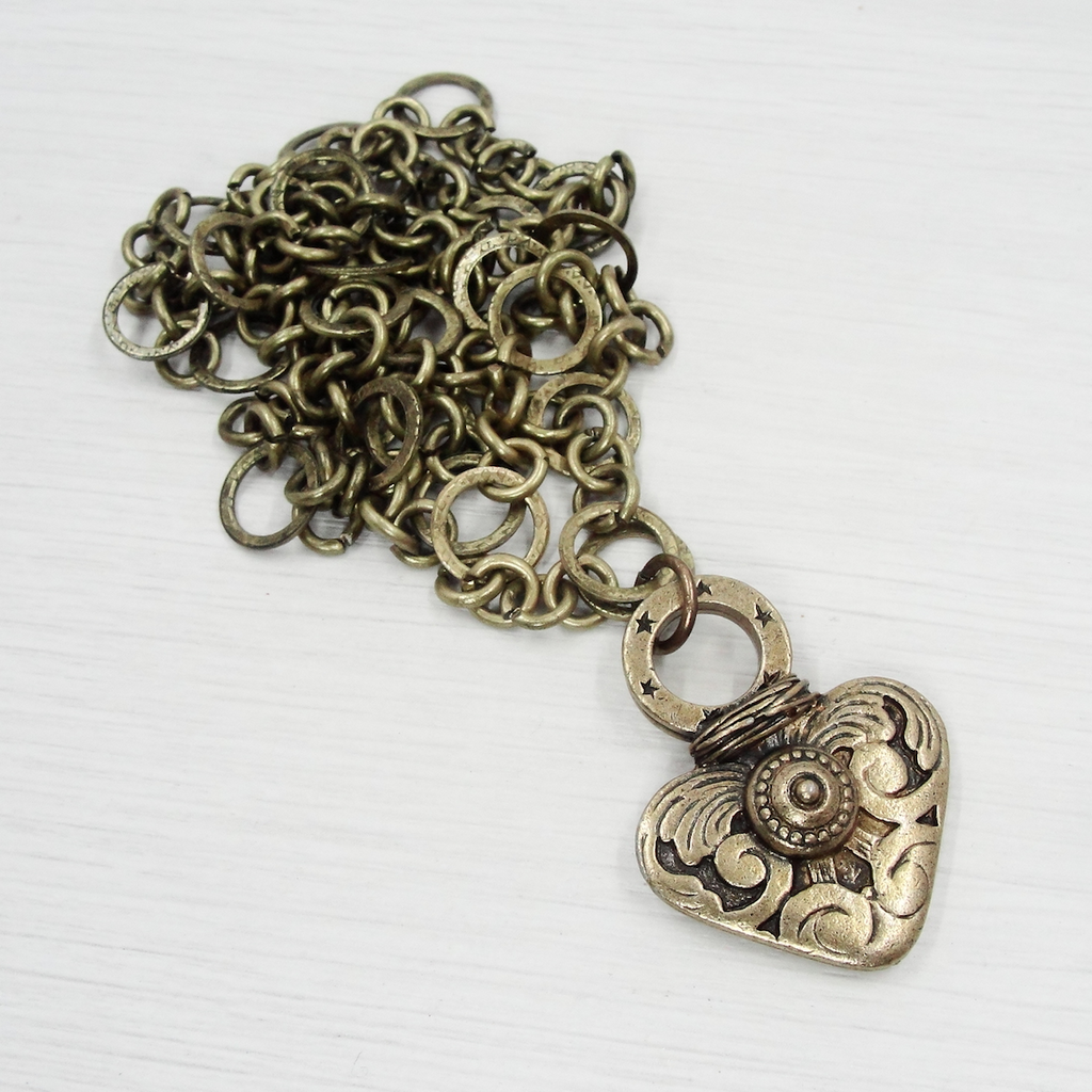 Bronze Etched Heart Pendant Necklace